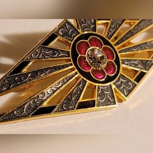 Vintage Fish Enterprises Fine Enamels Gold and Black Brooch with Red Accents